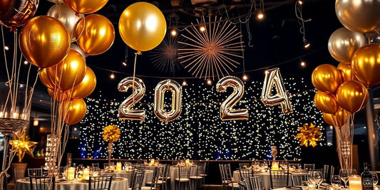 Festive New Year's Eve decor with balloons and lights.