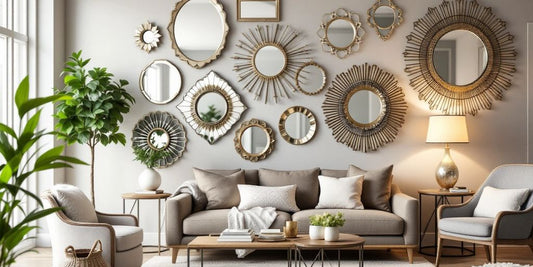 Stylish living room with various decorative mirrors.