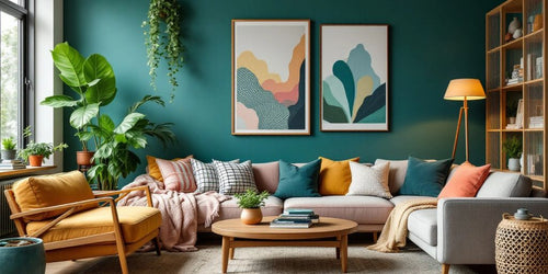 Cozy living room with vibrant colors and modern decor.