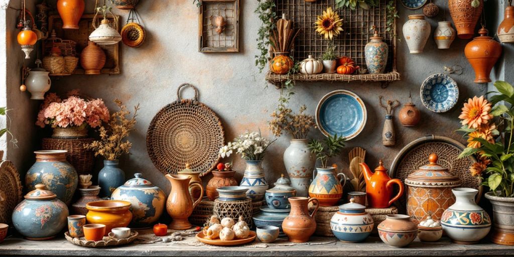 Colorful handicrafts and earthenware decor in a living space.