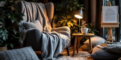 Cozy reading nook with armchair, tea, and books.