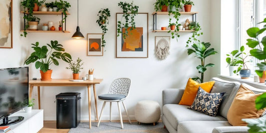 Stylish apartment decor with plants and smart furniture solutions.