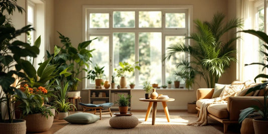 Eco-friendly living room with plants and natural materials.