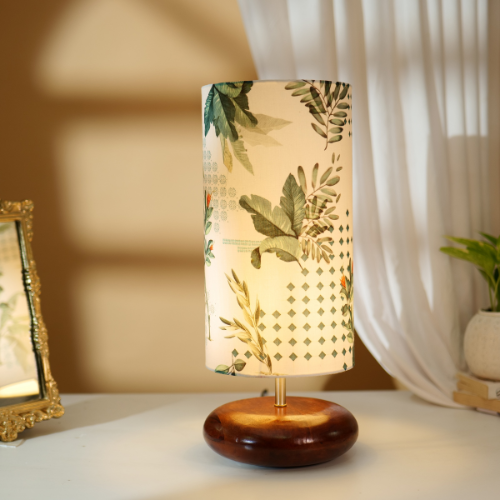 Mango Wood Table Lamp, Green Tropical Fabric Shade - RIO Collection