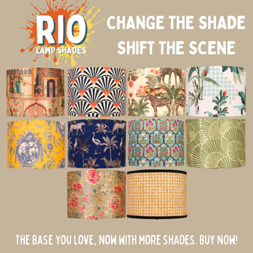 Promotional image for Rio Lamp Shades featuring various colorful and artistic lamp shade designs.