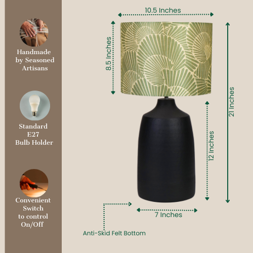 Handcrafted table lamp with Indian artwork, E27 bulb holder, anti-skid felt base, 21-inch height, and convenient switch