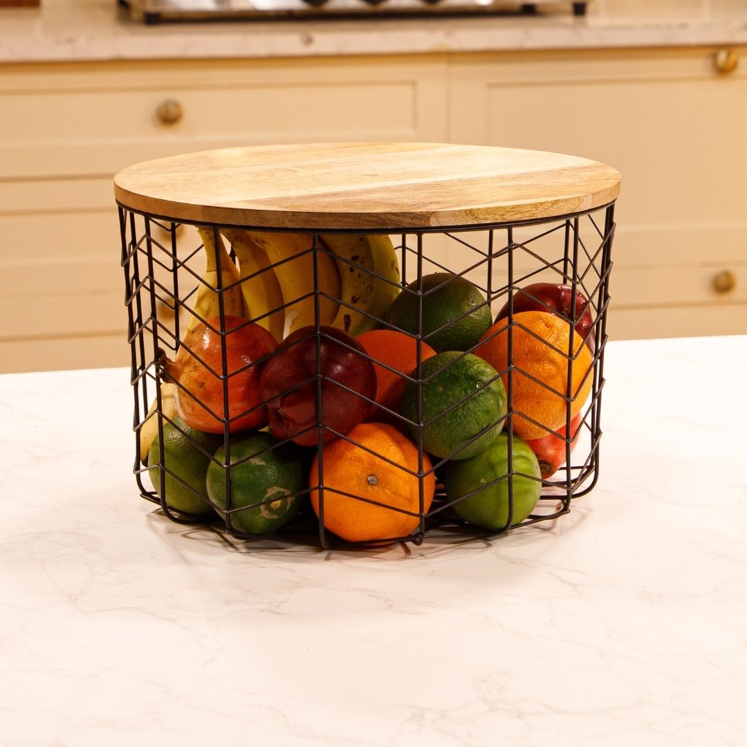 Black Metal Basket with Wooden Lid