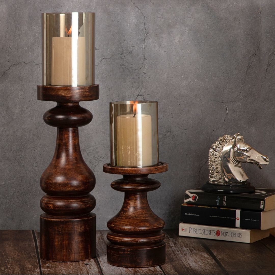 Wooden Pillar Candle Stands with Glass Hurricane