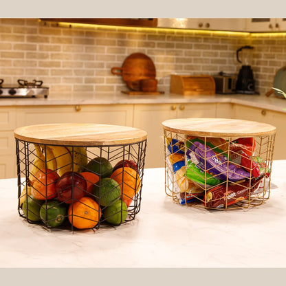 Gold Metal Basket with Wooden Lid