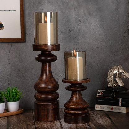 Wooden Pillar Candle Stands with Glass Hurricane