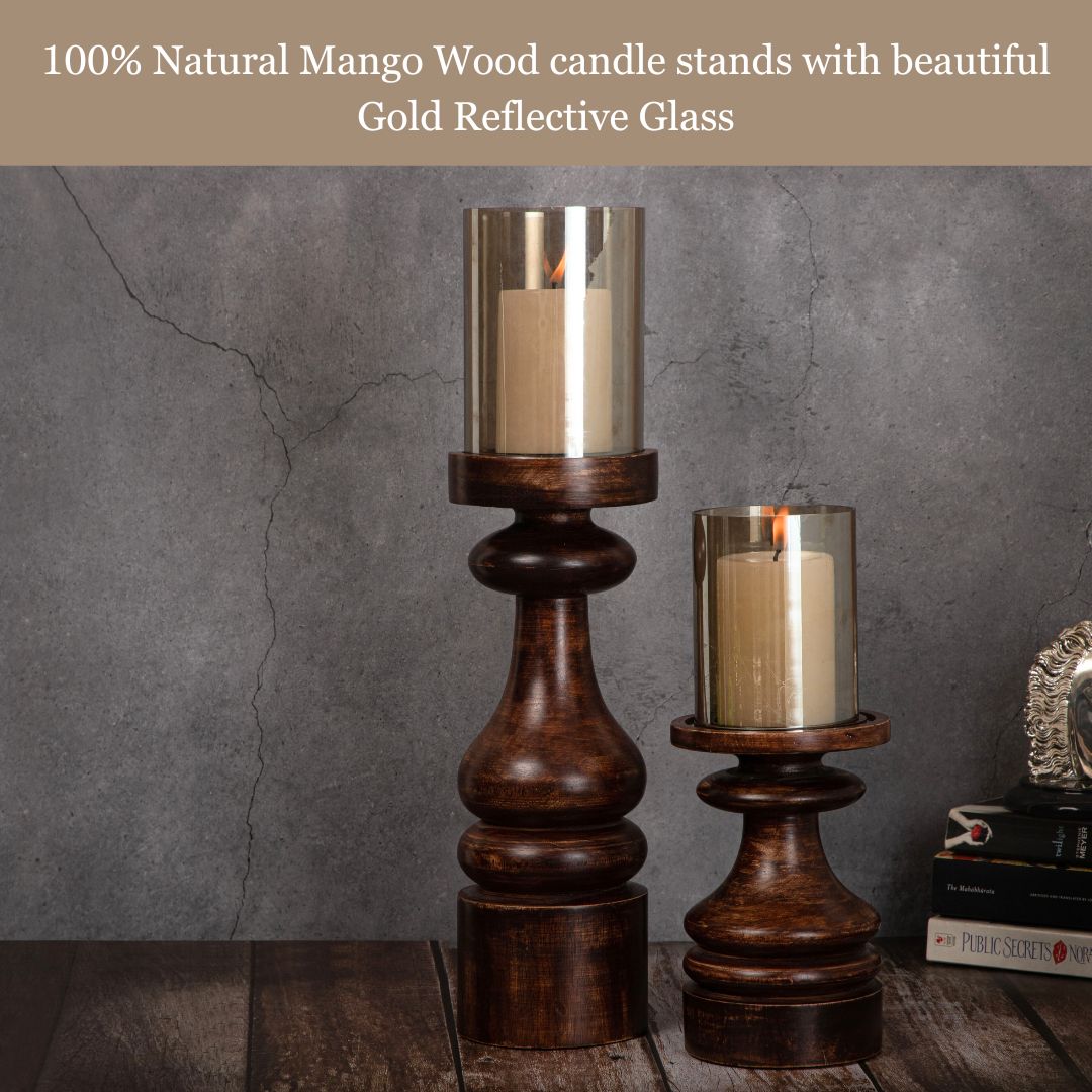 Wooden Pillar Candle Stands with Glass Hurricane