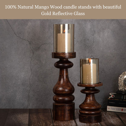 Wooden Pillar Candle Stands with Glass Hurricane