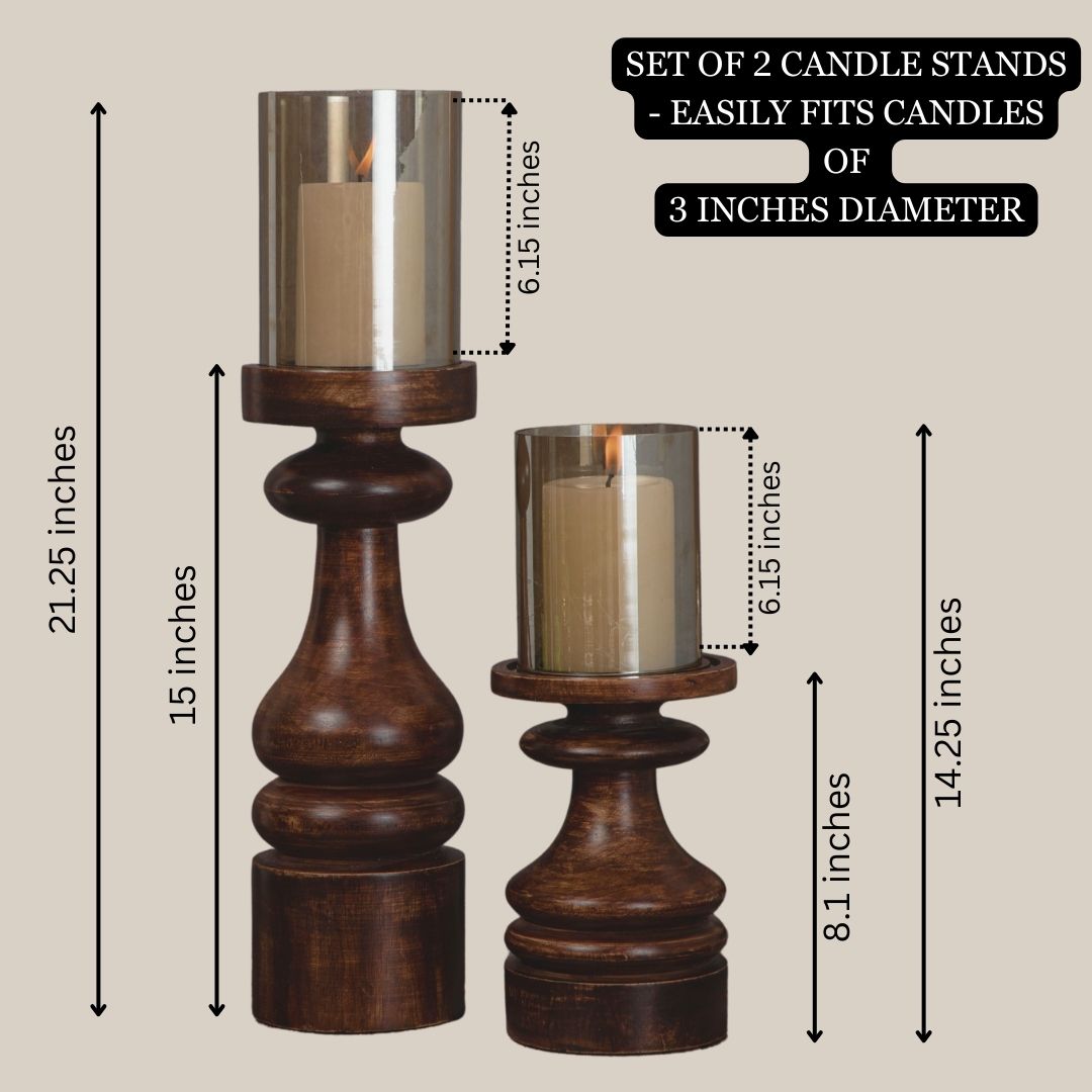 Wooden Pillar Candle Stands with Glass Hurricane