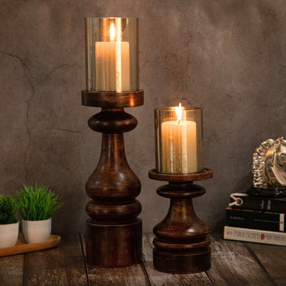 Wooden Pillar Candle Stands with Glass Hurricane