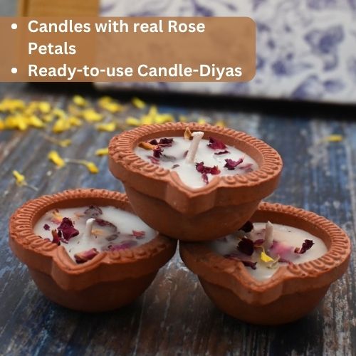 Terracotta Diya Candle with Rose Petals