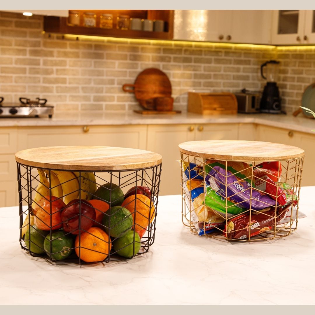 Black Metal Basket with Wooden Lid