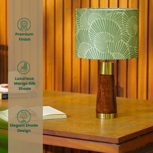 Mango Wood Table Lamp, Lily Leaves Mango Silk Shade - RIO Collection