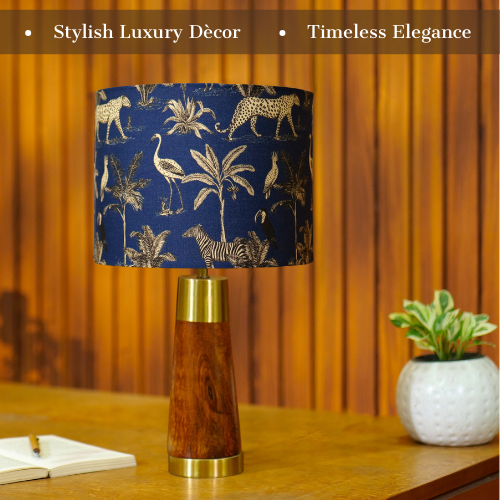 Mango Wood Table Lamp, Savanna Blues Fabric Shade - RIO Collection