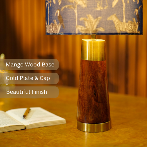 Mango Wood Table Lamp, Savanna Blues Fabric Shade - RIO Collection