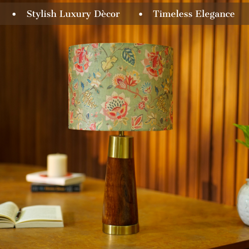 Mango Wood Table Lamp, Persian Flowers Mango Silk Shade - RIO Collection