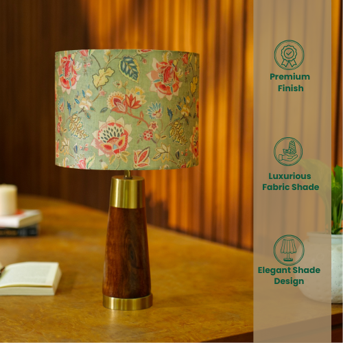 Mango Wood Table Lamp, Persian Flowers Mango Silk Shade - RIO Collection