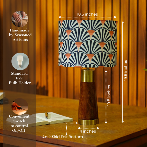 Mango Wood Table Lamp, Orange Zebra Fabric Shade - RIO Collection