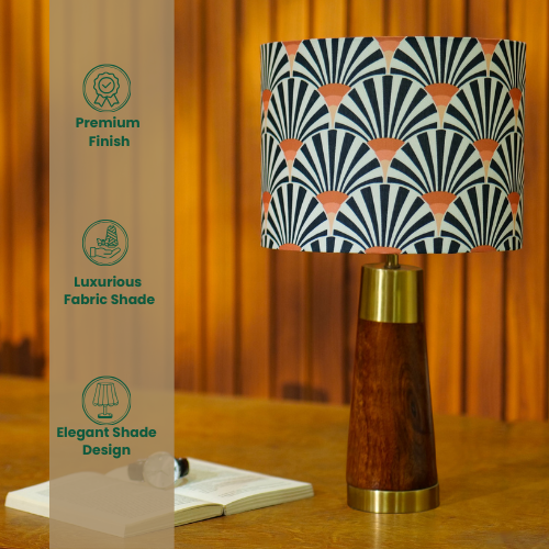 Mango Wood Table Lamp, Orange Zebra Fabric Shade - RIO Collection