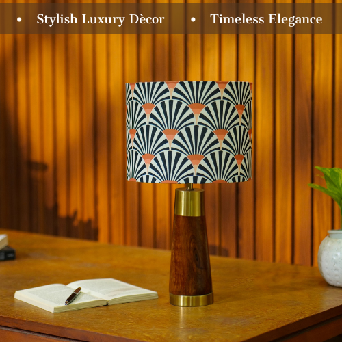 Mango Wood Table Lamp, Orange Zebra Fabric Shade - RIO Collection