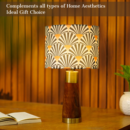 Mango Wood Table Lamp, Orange Zebra Fabric Shade - RIO Collection