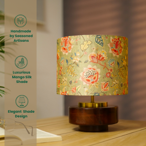 Mango Wood Table Lamp, Persian Flowers Mango Silk Shade - RIO Collection