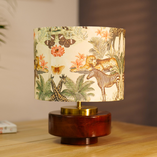 Mango Wood Table Lamps, Jungle Tales Fabric Shade - Rio Collection