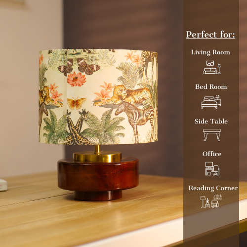 Mango Wood Table Lamps, Jungle Tales Fabric Shade - Rio Collection