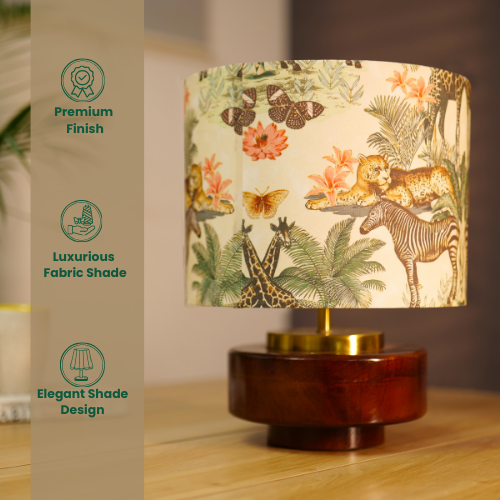 Mango Wood Table Lamps, Jungle Tales Fabric Shade - Rio Collection