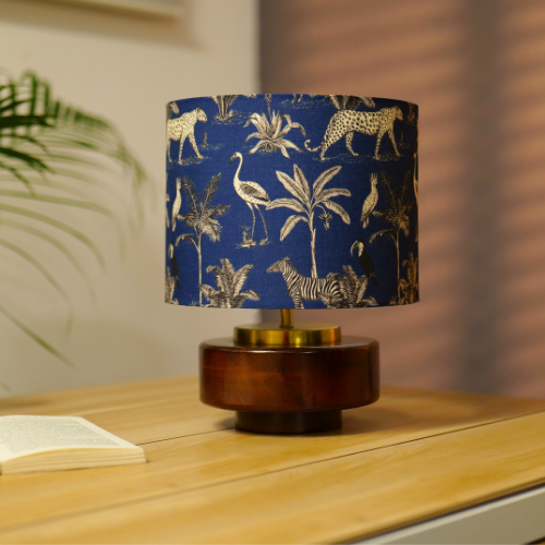 Mango Wood Table Lamp, Savanna Blues Fabric Shade - RIO Collection