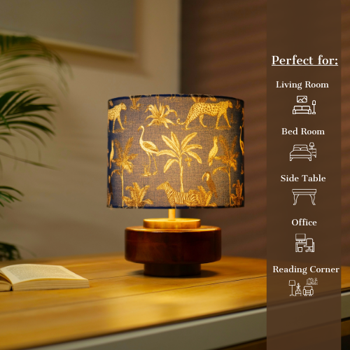 Mango Wood Table Lamp, Savanna Blues Fabric Shade - RIO Collection