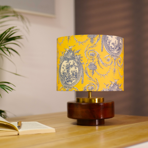 Mango Wood Table Lamp, Yellow Victorian Fabric Shade - RIO Collection