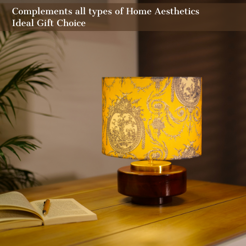 Mango Wood Table Lamp, Yellow Victorian Fabric Shade - RIO Collection