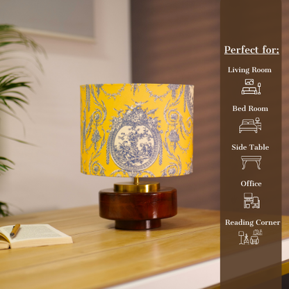 Mango Wood Table Lamp, Yellow Victorian Fabric Shade - RIO Collection