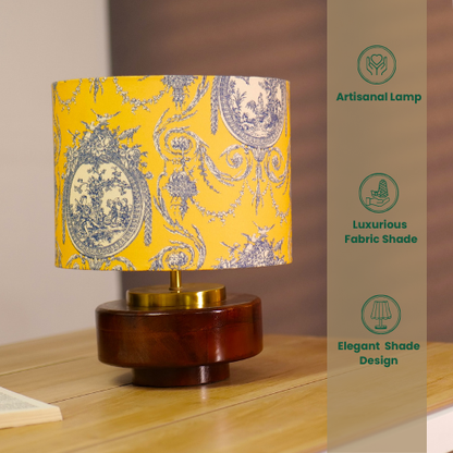 Mango Wood Table Lamp, Yellow Victorian Fabric Shade - RIO Collection