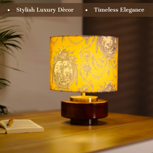 Mango Wood Table Lamp, Yellow Victorian Fabric Shade - RIO Collection