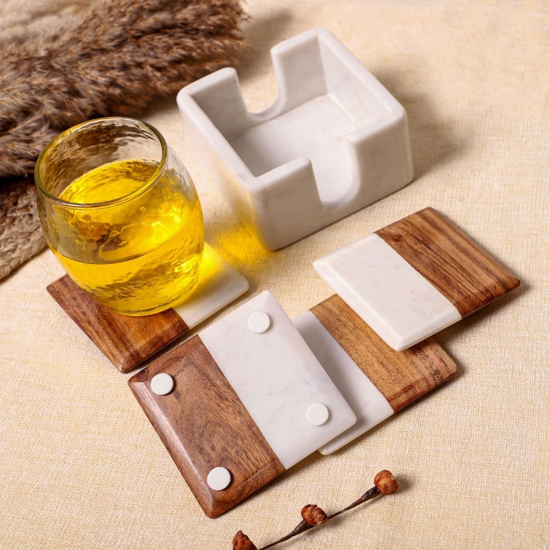 Marble-Acacia Wood Square Coasters