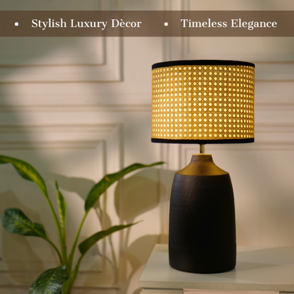 Table Black Metal Lamp, Rattan Shade - RIO Collection