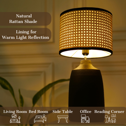 Table Black Metal Lamp, Rattan Shade - RIO Collection