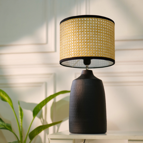 Table Black Metal Lamp, Rattan Shade - RIO Collection