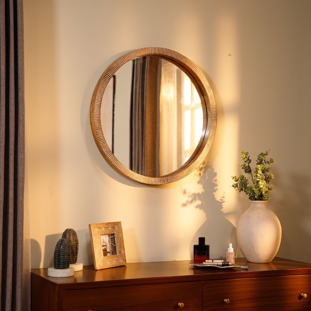 Wooden Ribbed Mirror 24"