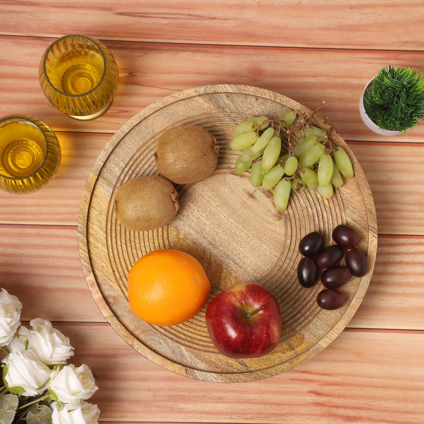 Round Wooden Ribbed Platter