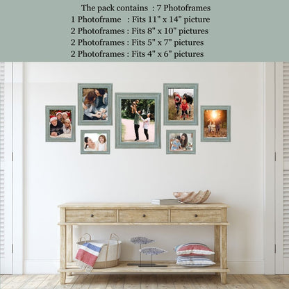 Wooden Green-Gold Distressed Photo Frames Set of 7