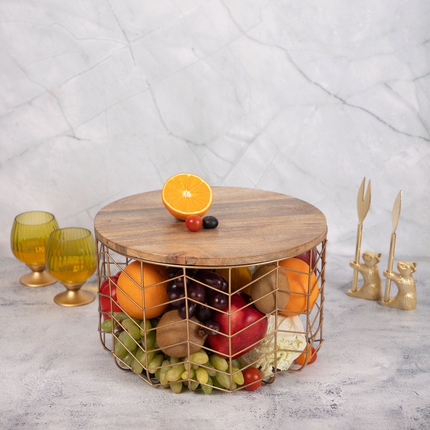 Gold Metal Basket with Wooden Lid