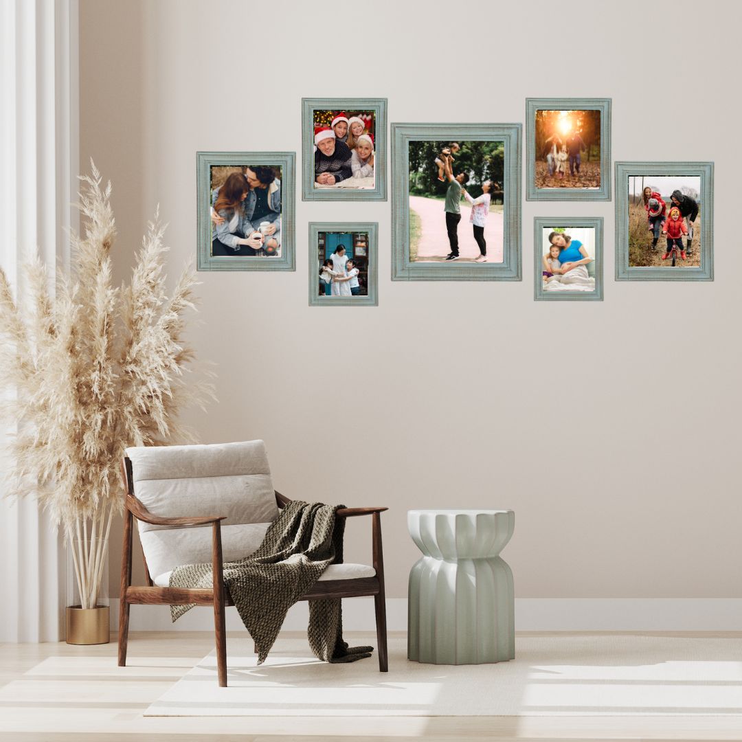 Wooden Green-Gold Distressed Photo Frames Set of 7