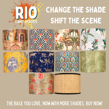 Promotional image for Rio Lamp Shades featuring various colorful and decorative lamp shade designs with the tagline 'Change the Shade, Shift the Scene